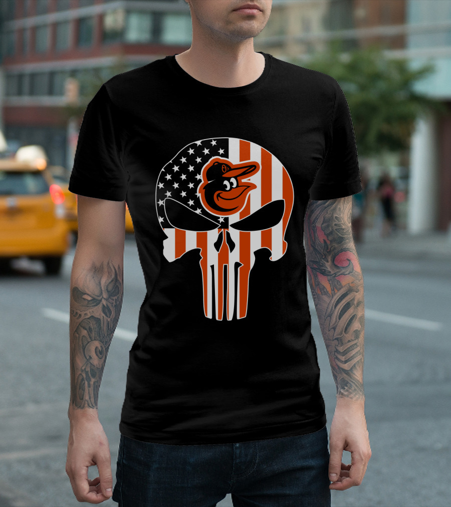 Baltimore Orioles Punisher Skull American Flag T-Shirt
