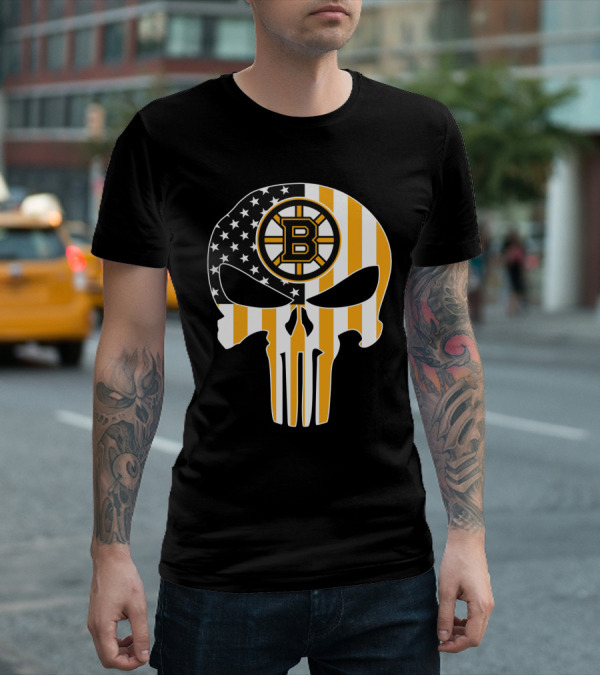 Boston Bruins Punisher Skull American Flag T-Shirt