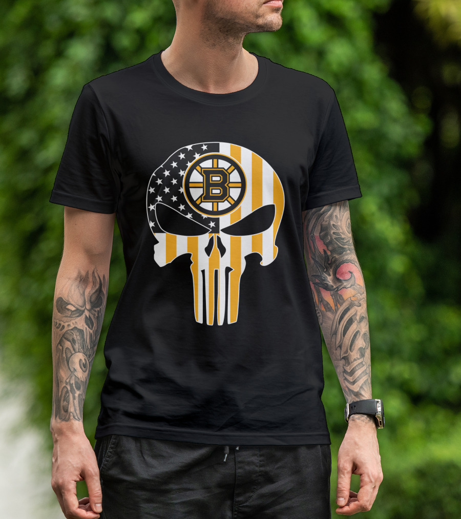Boston Bruins Punisher Skull American Flag T-Shirt
