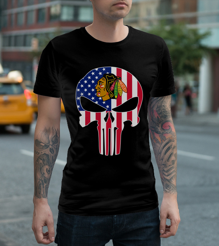 Chicago Blackhawks Punisher Skull American Flag T-Shirt