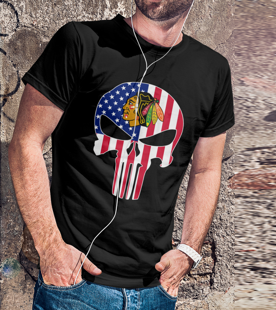 Chicago Blackhawks Punisher Skull American Flag T-Shirt