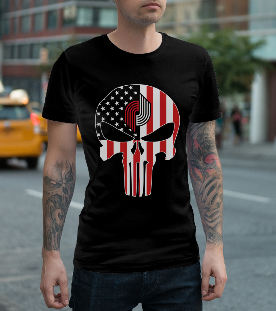 Portland Trail Blazers Punisher American Flag Skull T-Shirt