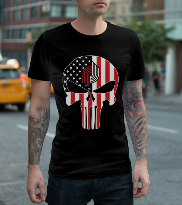 Portland Trail Blazers Punisher American Flag Skull T-Shirt
