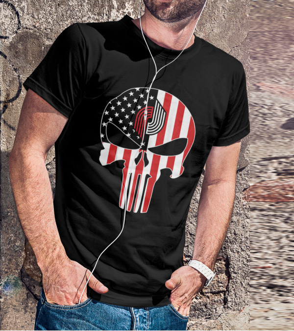 Portland Trail Blazers Punisher American Flag Skull T-Shirt