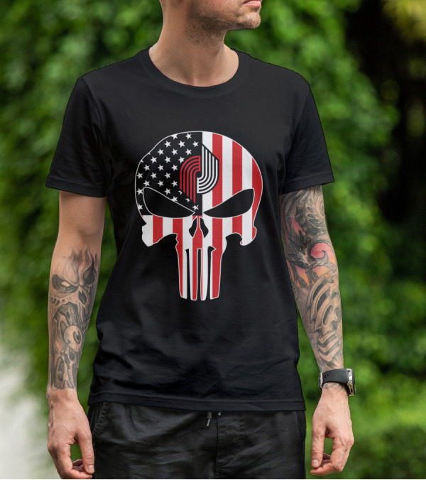 Portland Trail Blazers Punisher American Flag Skull T-Shirt