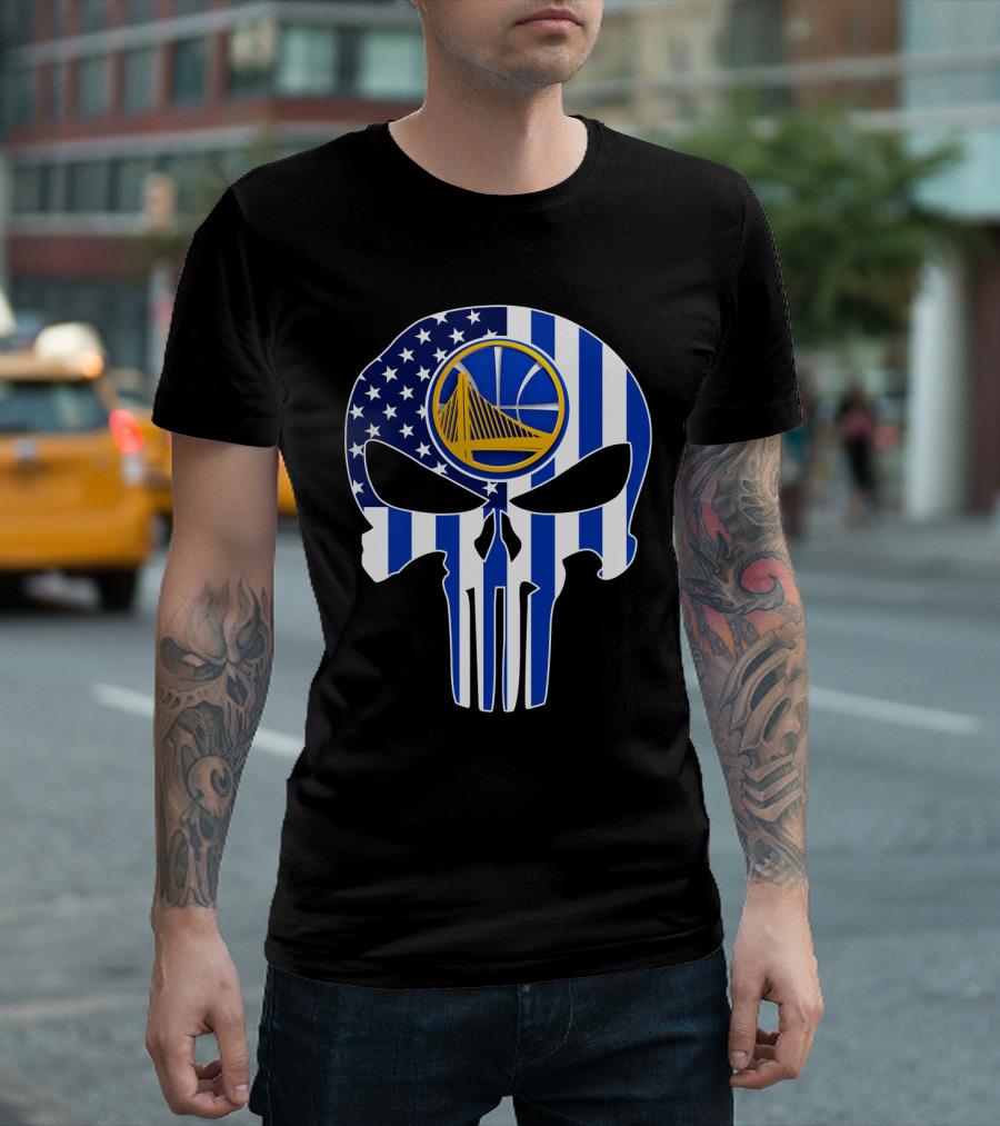 Golden State Warriors Skull Blue American Flag T-Shirt