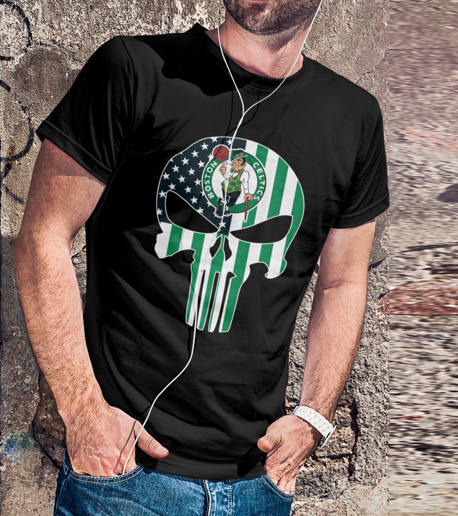 Boston Celtics American Flag Punisher Skull T-Shirt
