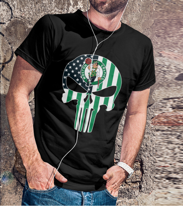 Boston Celtics American Flag Punisher Skull T-Shirt