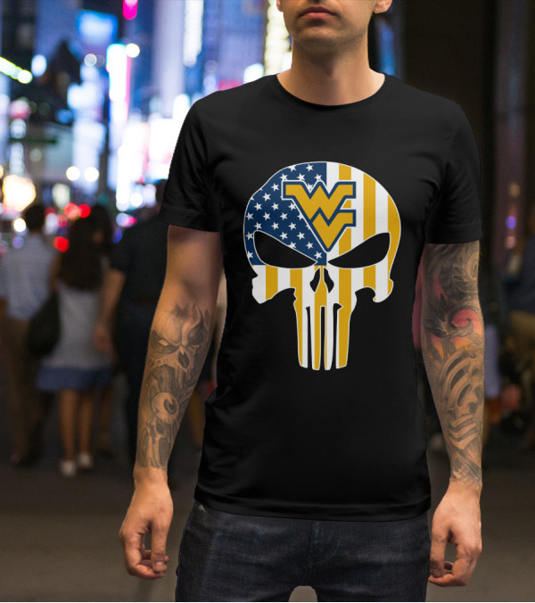 Wv American Flag Punisher Style West Virginia Mountaineers T-Shirt