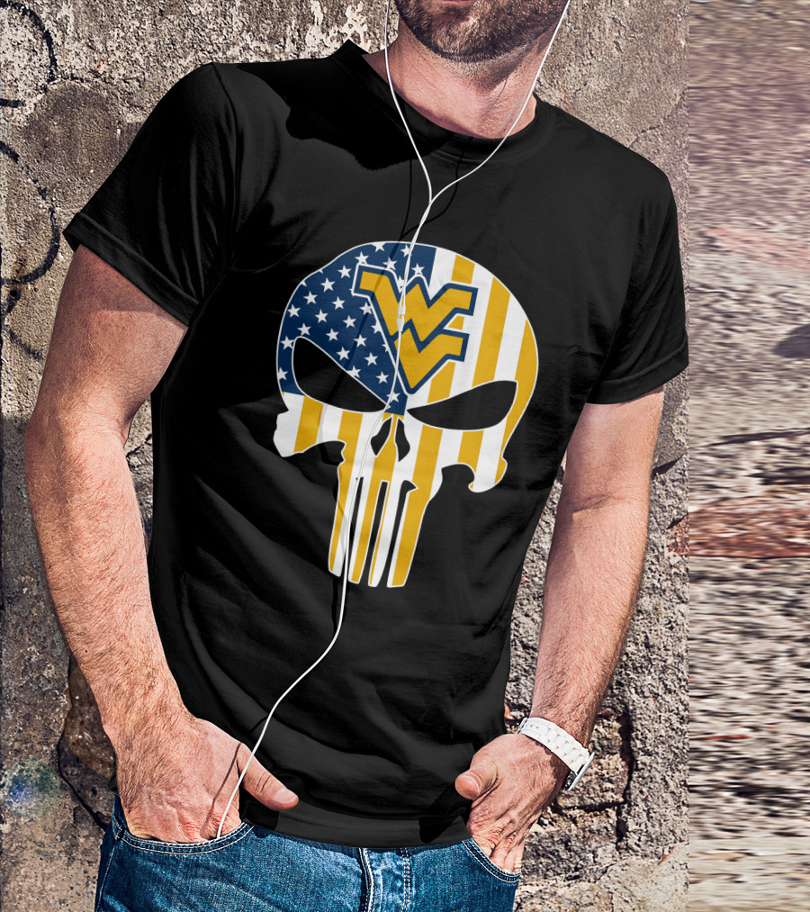 Wv American Flag Punisher Style West Virginia Mountaineers T-Shirt