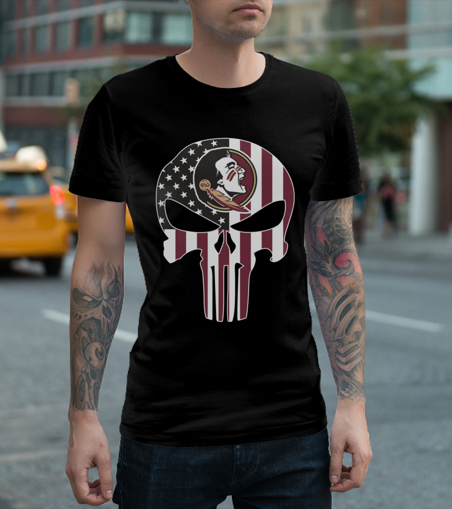 Florida State Seminoles Skull American Flag Logo Fusion T-Shirt