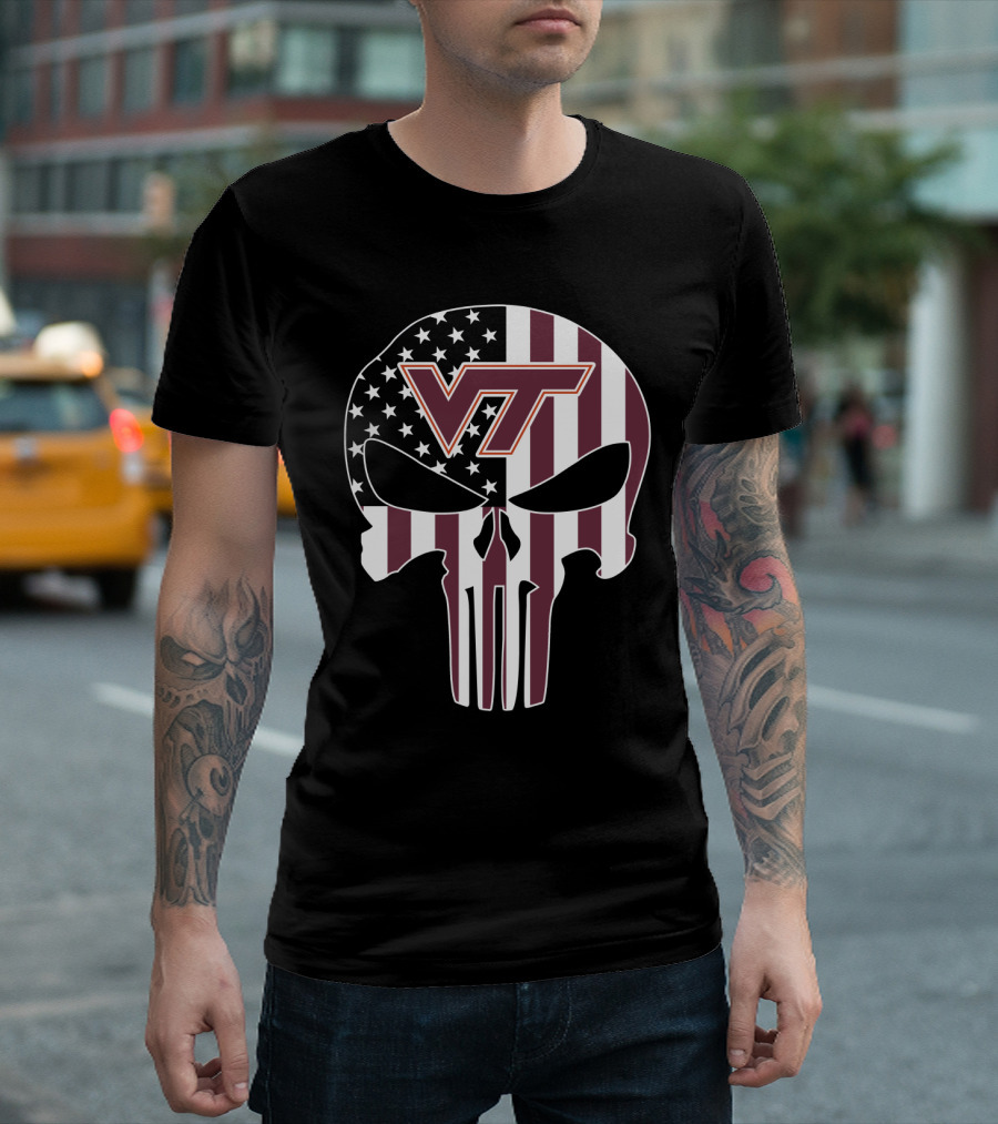 Virginia Tech Hokies Vt American Flag Skull T-Shirt