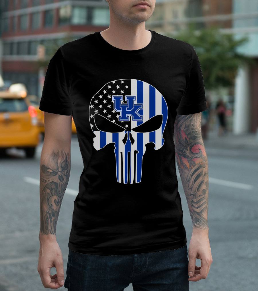 Uk Wildcats Punisher Skull American Flag Blue Stripes T-Shirt