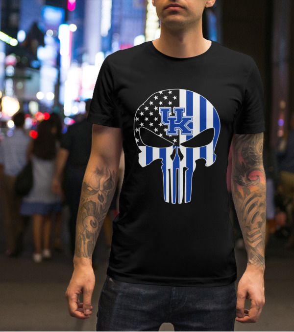 Uk Wildcats Punisher Skull American Flag Blue Stripes T-Shirt