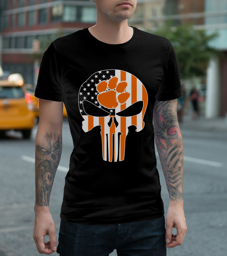 Clemson Tigers Paw Skull American Flag T-Shirt