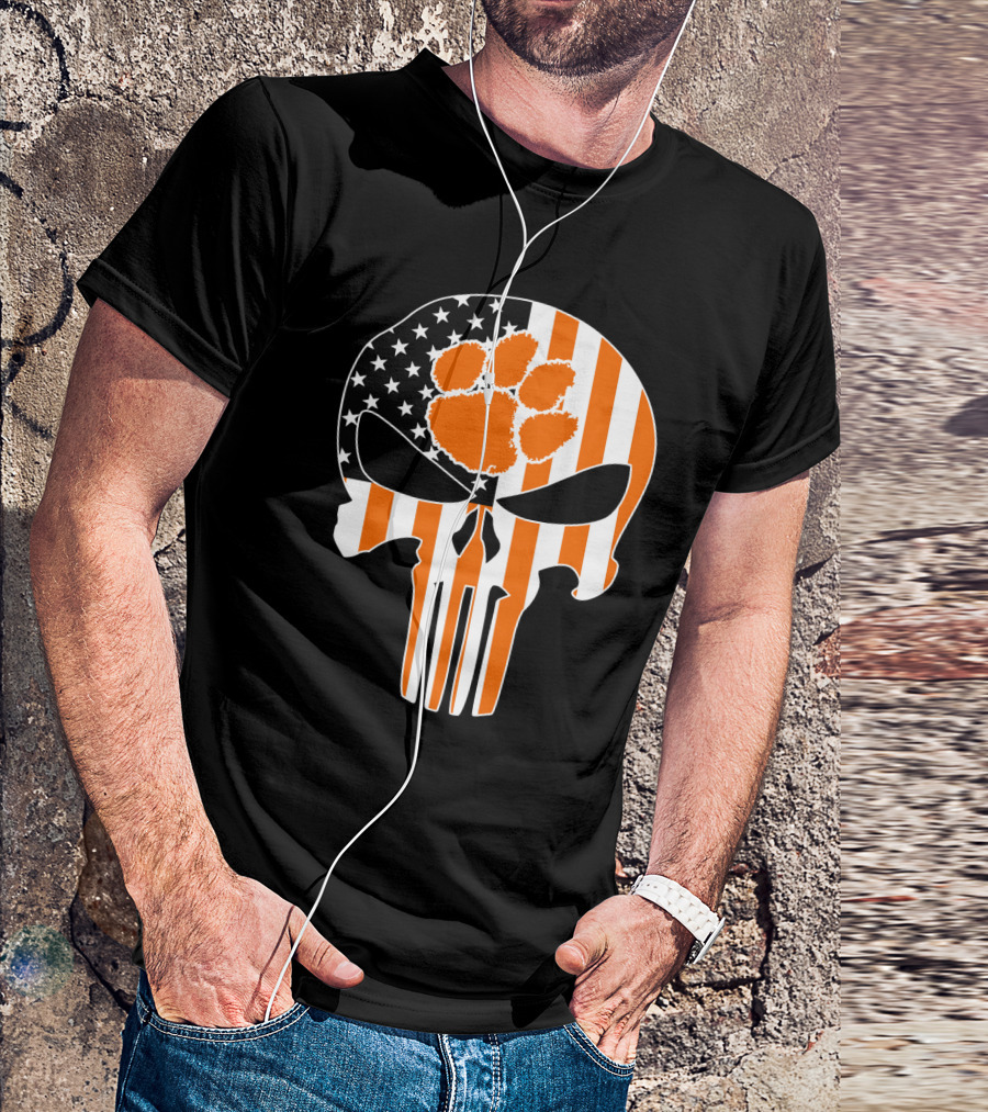 Clemson Tigers Paw Skull American Flag T-Shirt