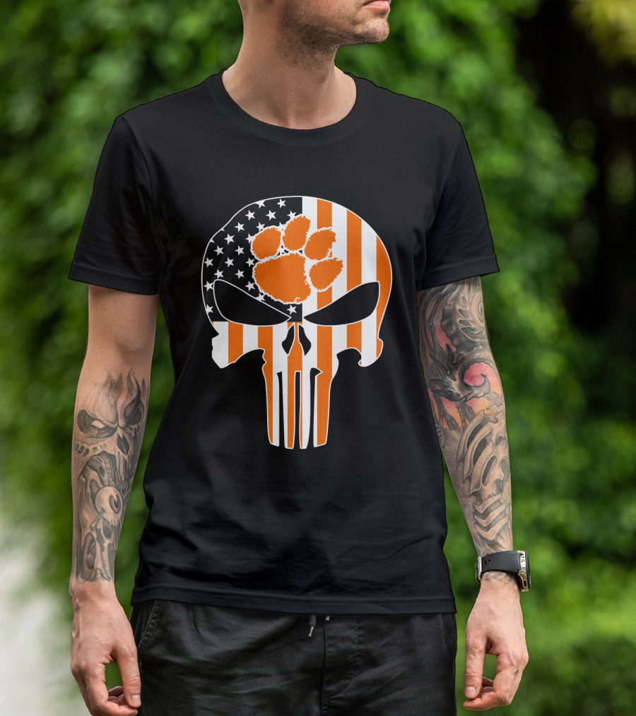 Clemson Tigers Paw Skull American Flag T-Shirt