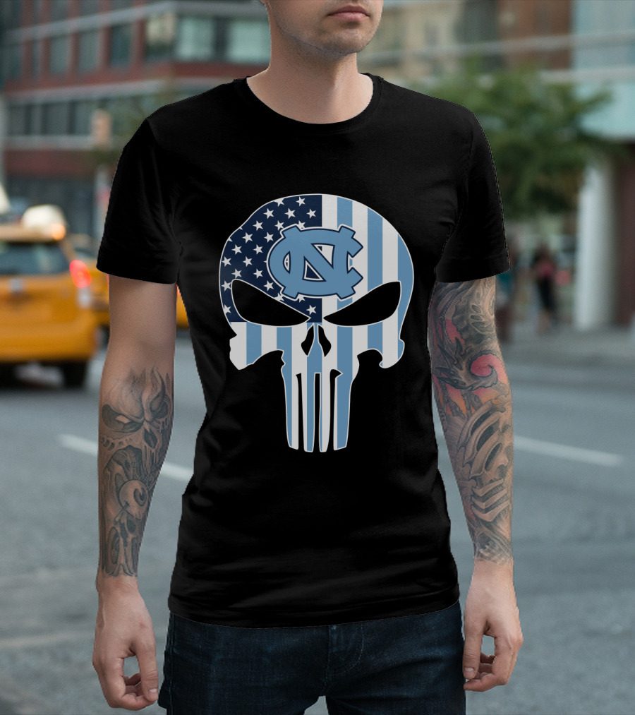 North Carolina Tar Heels Skull American Flag T-Shirt