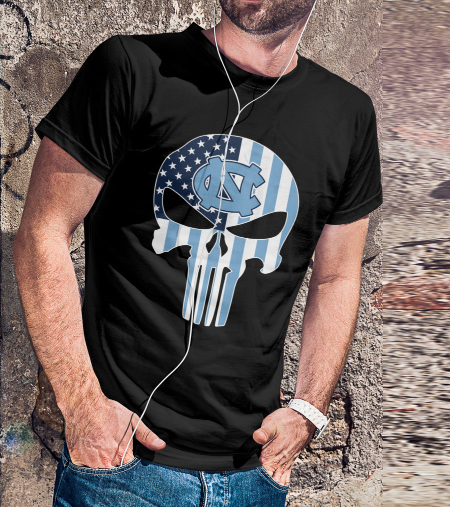 North Carolina Tar Heels Skull American Flag T-Shirt