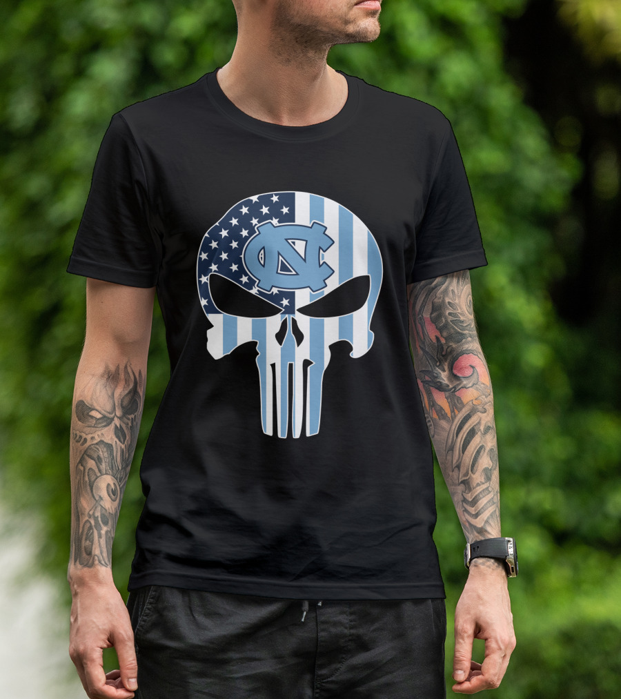 North Carolina Tar Heels Skull American Flag T-Shirt