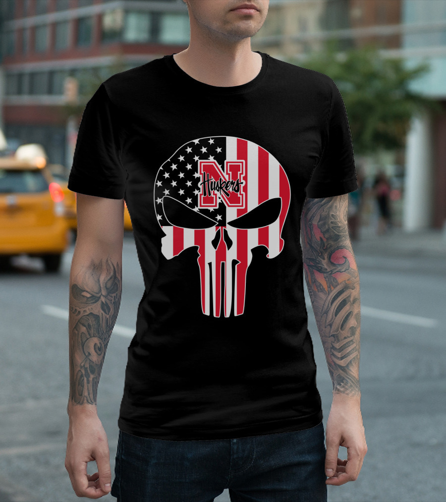 Nebraska Cornhuskers American Flag Skull Punisher T-Shirt