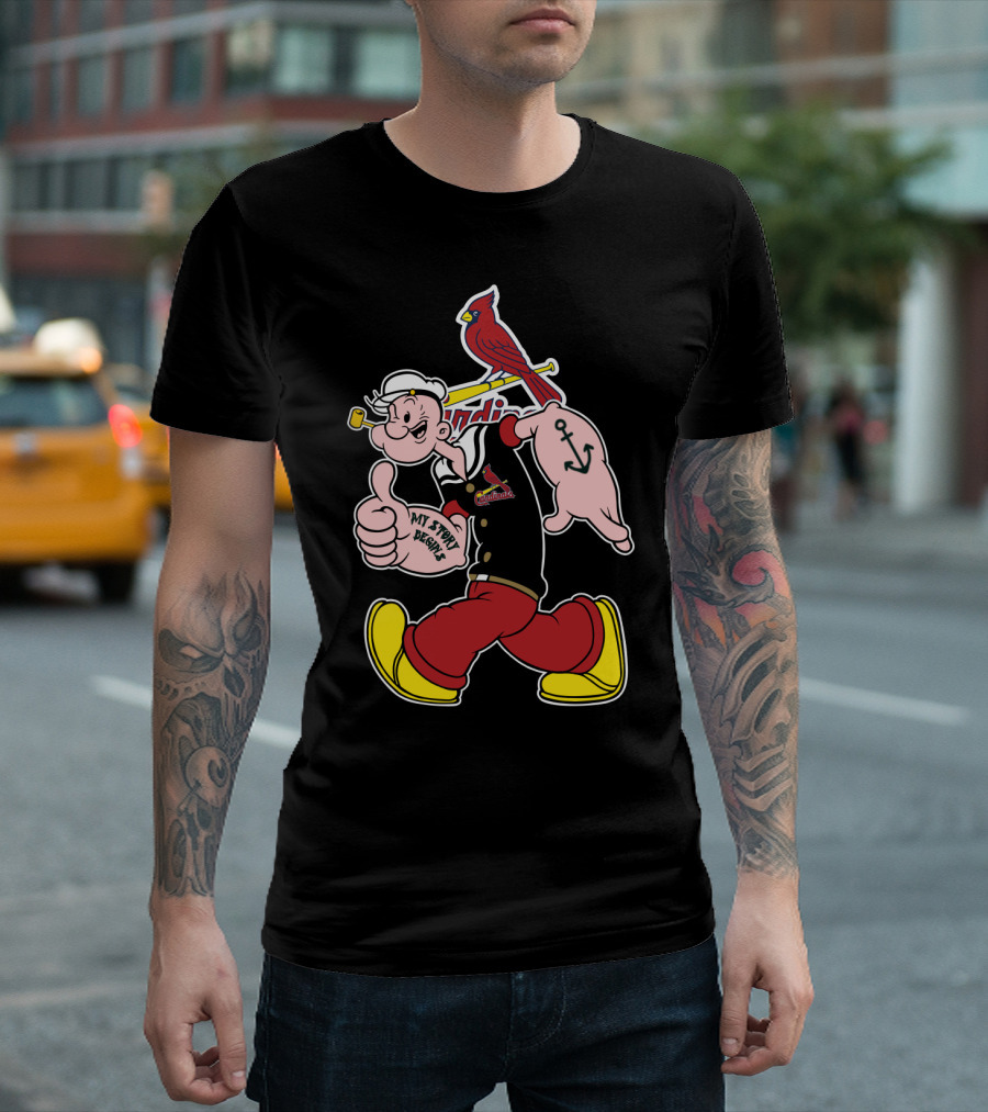 Popeye Thumbs Up With St. Louis Cardinals Logo And Cardinal Bird On Bat T-Shirt