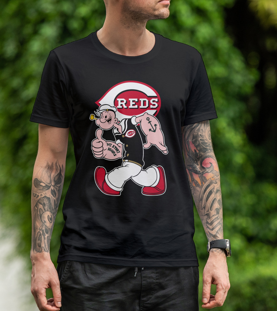 Cincinnati Reds Popeye Cartoon Character Collaboration T-Shirt