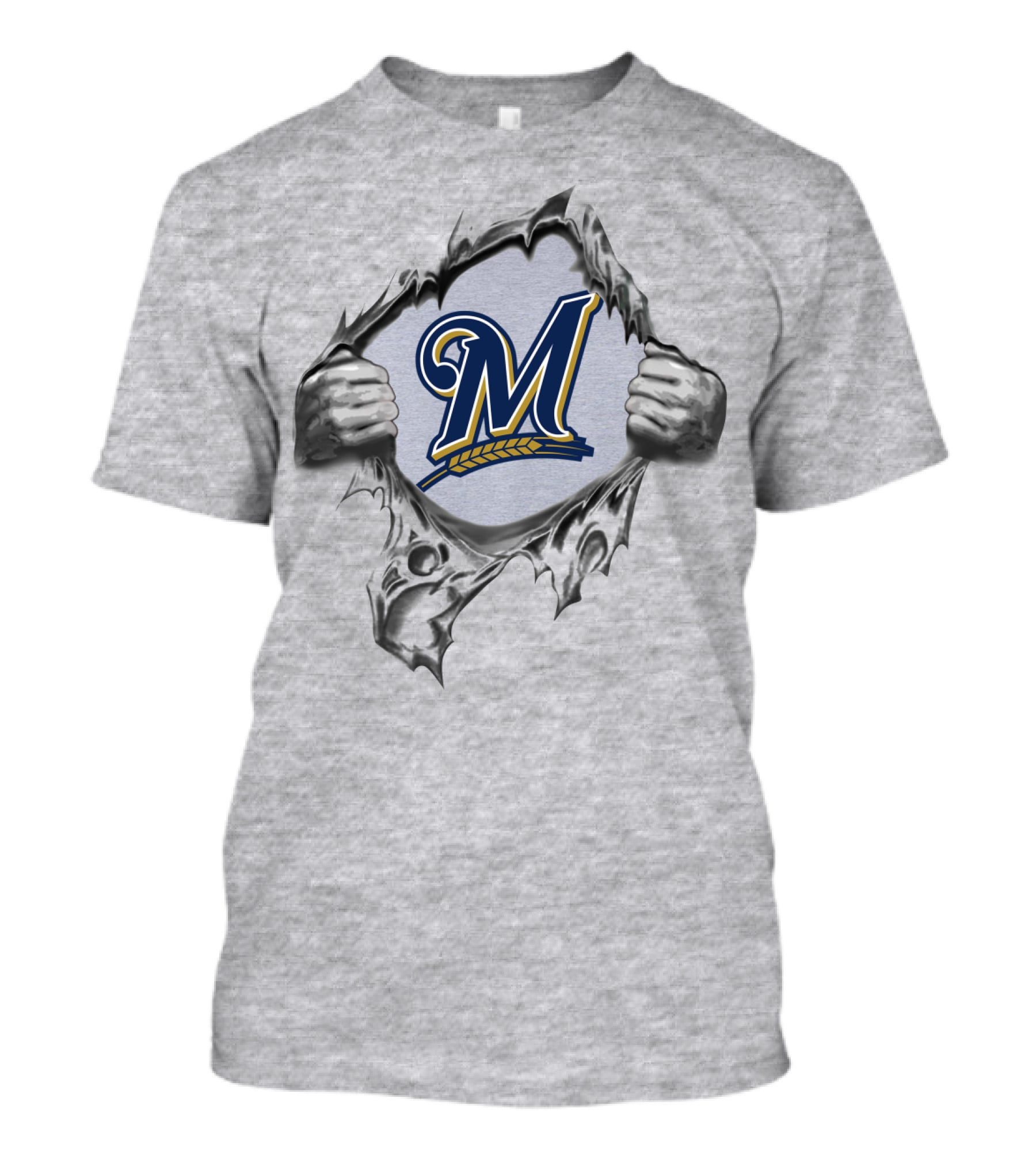 Milwaukee Brewers Ripped Metal Logo With Hands And Baseball Wheat Symbol T-Shirt