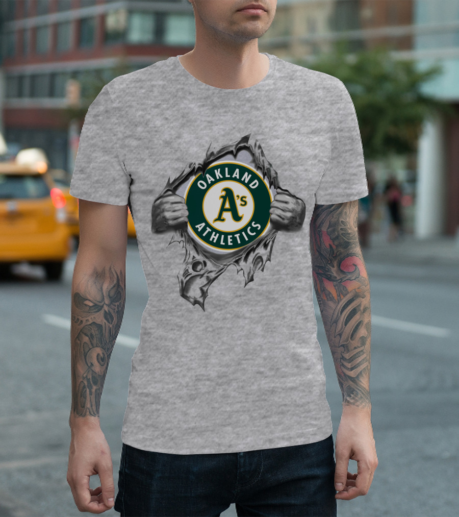 Oakland Athletics A's Emblem Revealed Through Torn Fabric T-Shirt