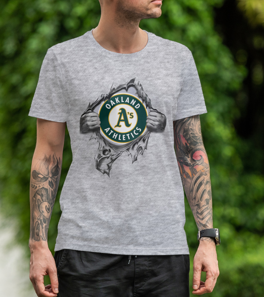 Oakland Athletics A's Emblem Revealed Through Torn Fabric T-Shirt