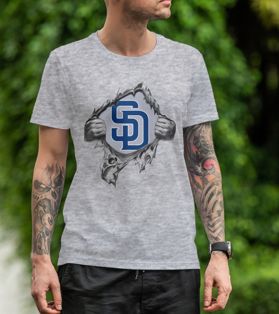 San Diego Padres Logo With Hands Tearing Through Fabric T-Shirt