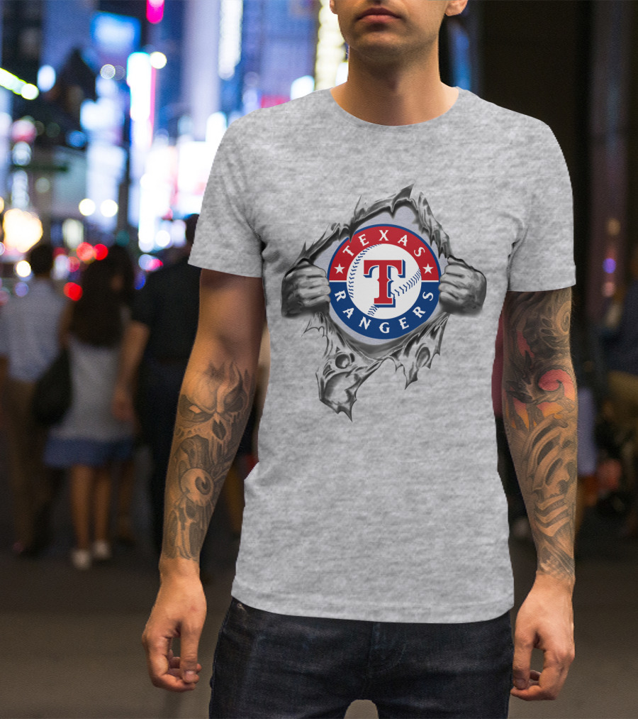 Texas Rangers Baseball Logo With Hands Tearing Through T-Shirt