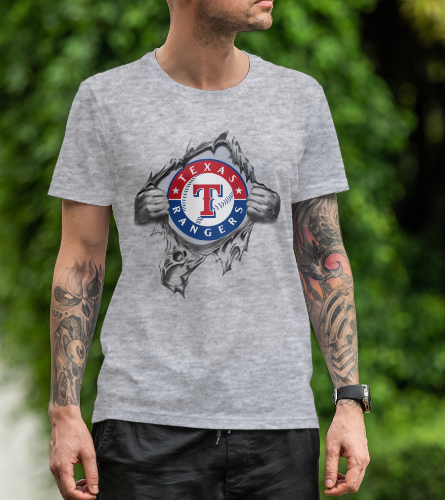 Texas Rangers Baseball Logo With Hands Tearing Through T-Shirt