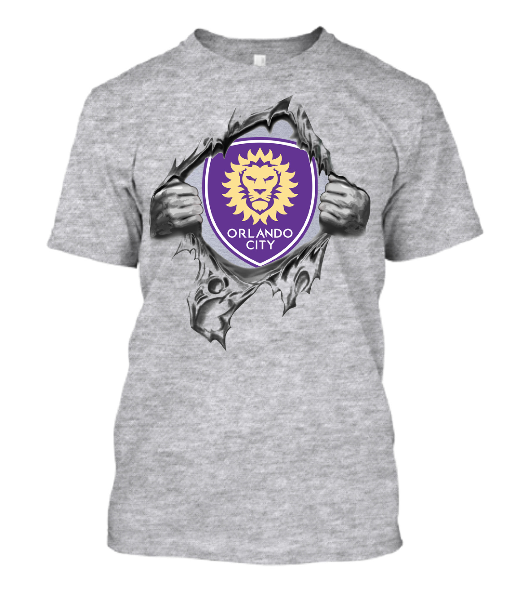 Orlando City Sc Lion Shield Peeking Through Ripped Gray T-Shirt