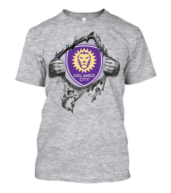 Orlando City Sc Lion Shield Peeking Through Ripped Gray T-Shirt