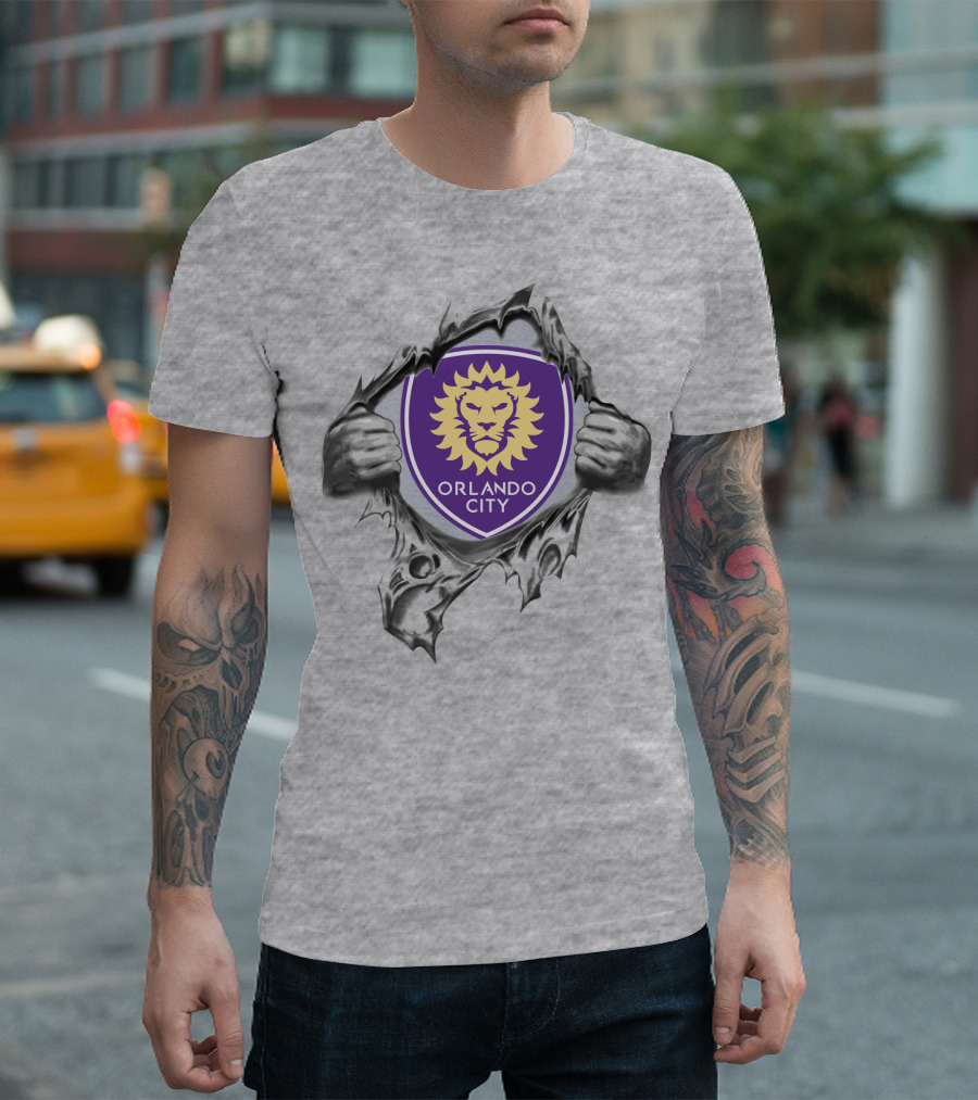Orlando City Sc Lion Shield Peeking Through Ripped Gray T-Shirt