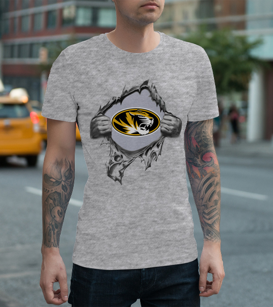 Missouri Tigers Logo Ripping Through Gray T-Shirt