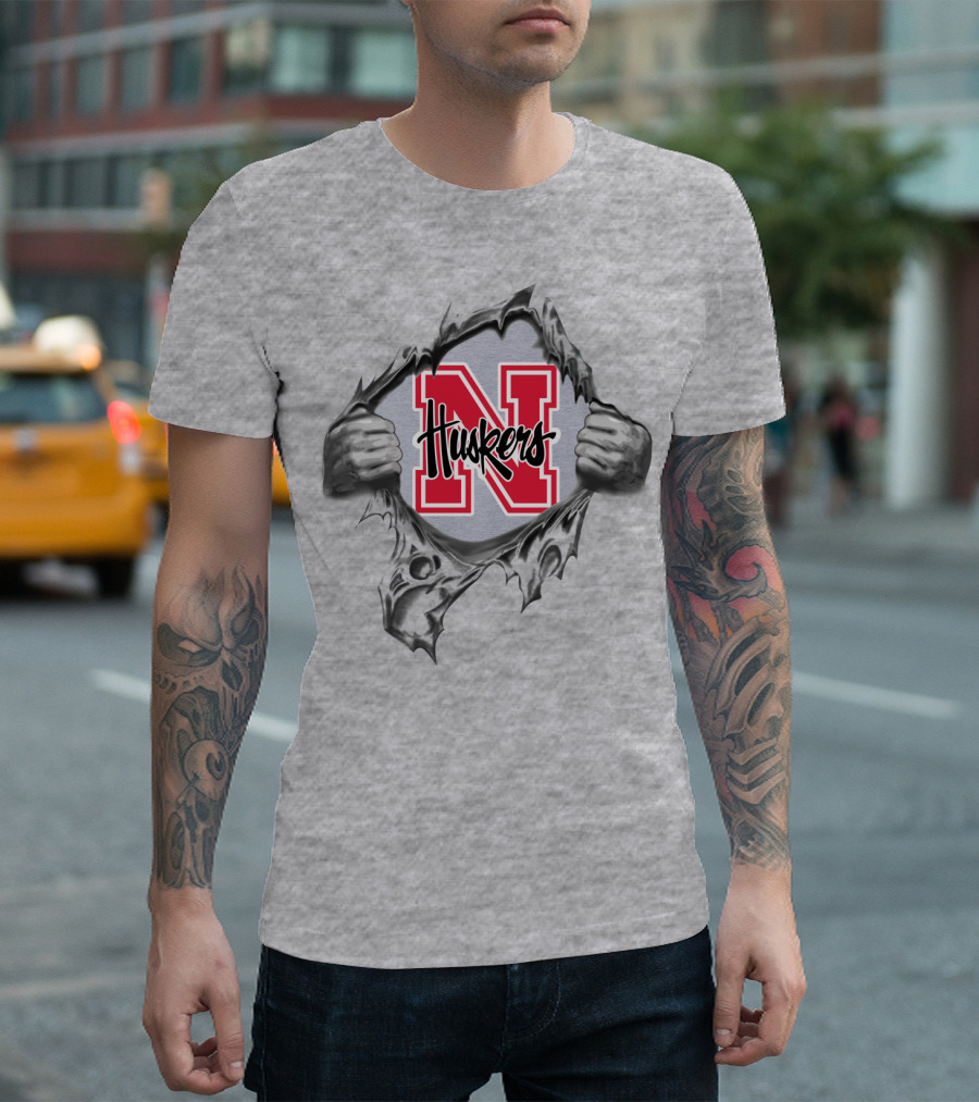 Nebraska Huskers Logo Inside Ripped Design With Hands And Red N T-Shirt