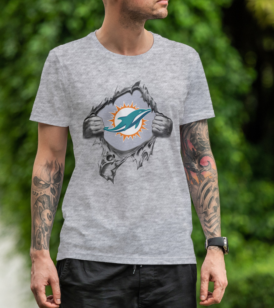 Miami Dolphins Logo In Ripped Metal Design Featuring Team T-Shirt