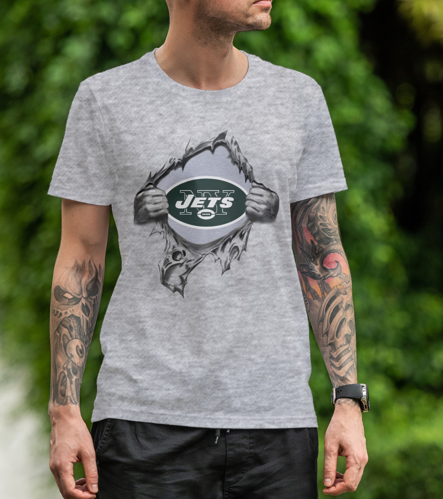 Jets Logo Behind Tearing Hands Revealing New York Football Team Symbol T-Shirt