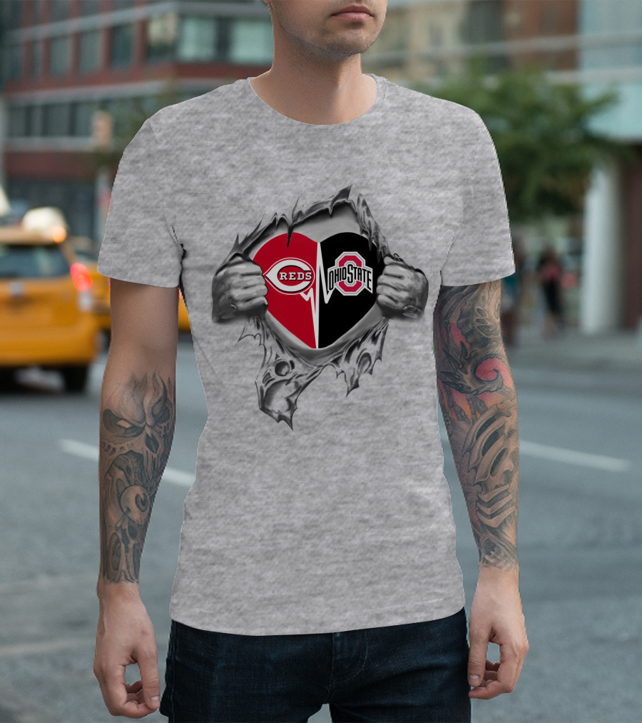 Reds Ohio State Buckeyes Heart Graphic With Torn Effect T-Shirt