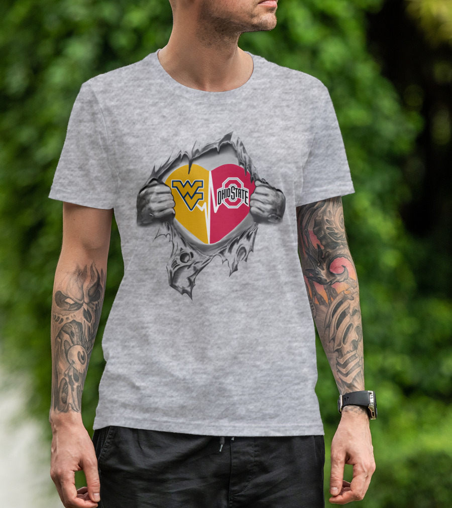 Wv And Ohio State Heart With Torn Steel Effect T-Shirt