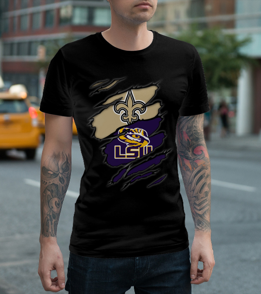 New Orleans Saints Fleur-De-Lis And Lsu Tigers Logo Blend T-Shirt
