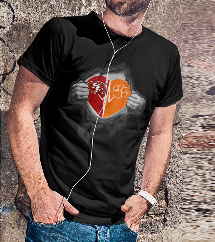 Clemson Tigers Heartbeat With San Francisco 49ers Logo Fusion T-Shirt