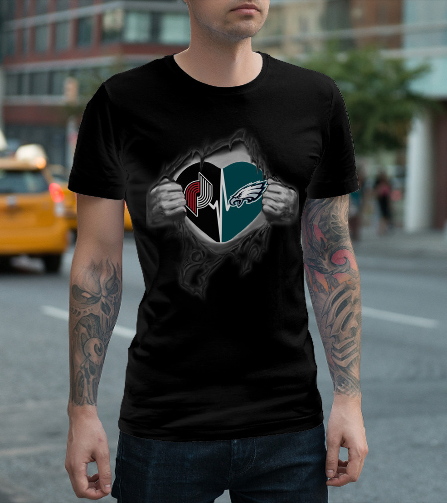Blazers Eagles Heartbeat Fan Split With Logos T-Shirt