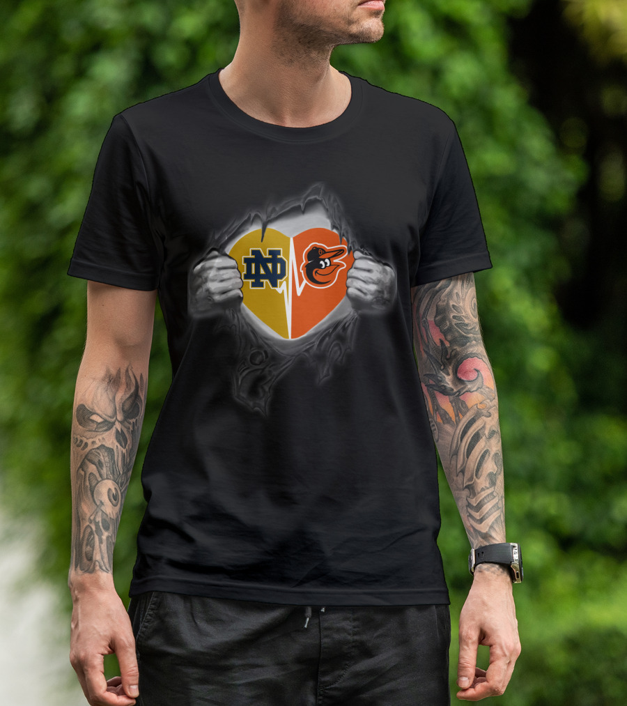 Notre Dame Fighting Irish And Baltimore Orioles Heart Fusion T-Shirt