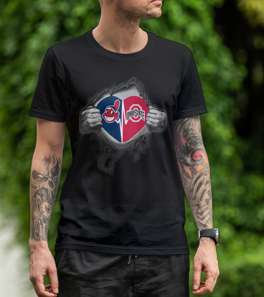 Cleveland Indians Chief Wahoo Logo And Ohio State Buckeyes Split Heart Tear T-Shirt