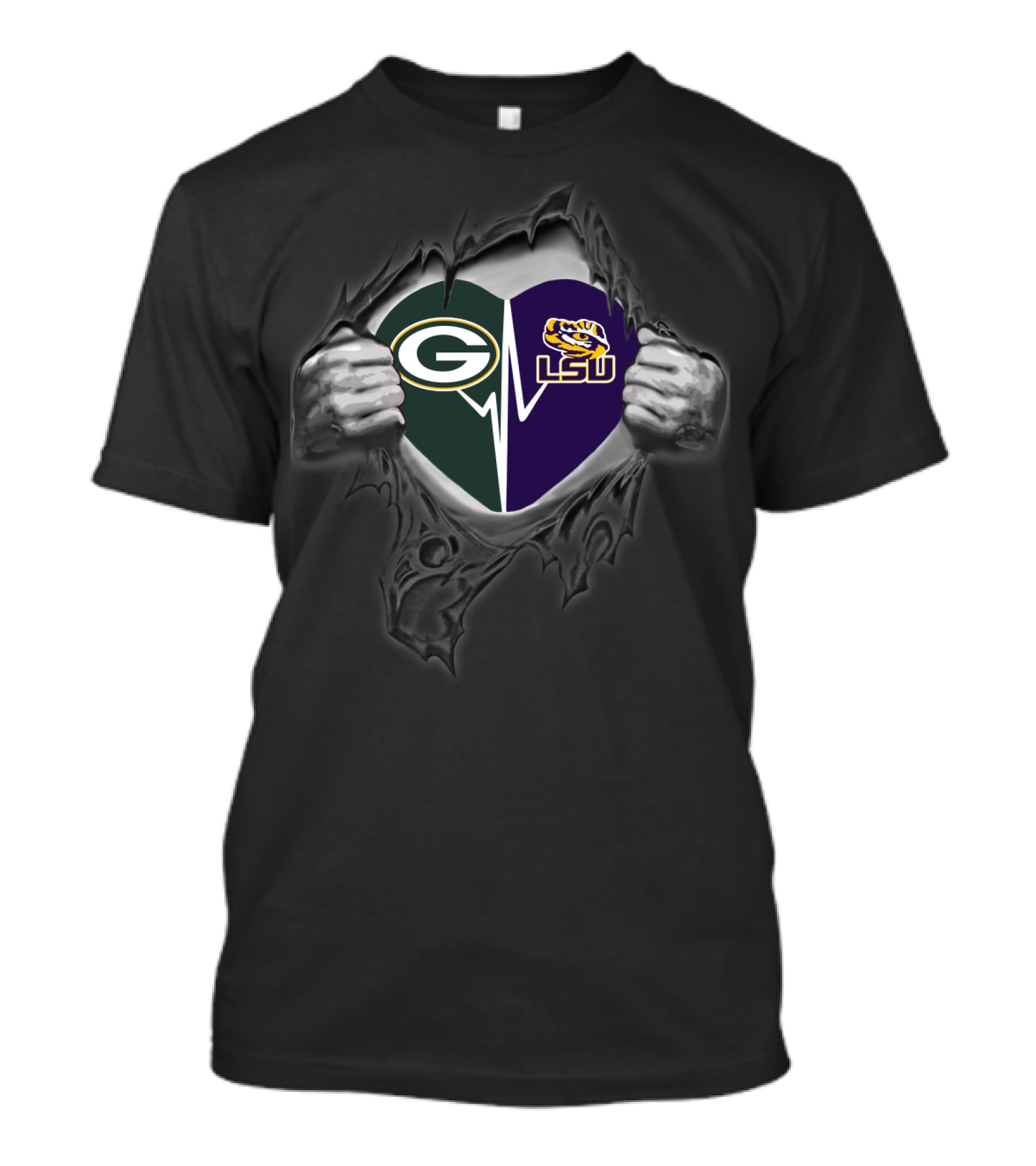 Green Bay Packers And Lsu Tigers Heart Ripped T-Shirt