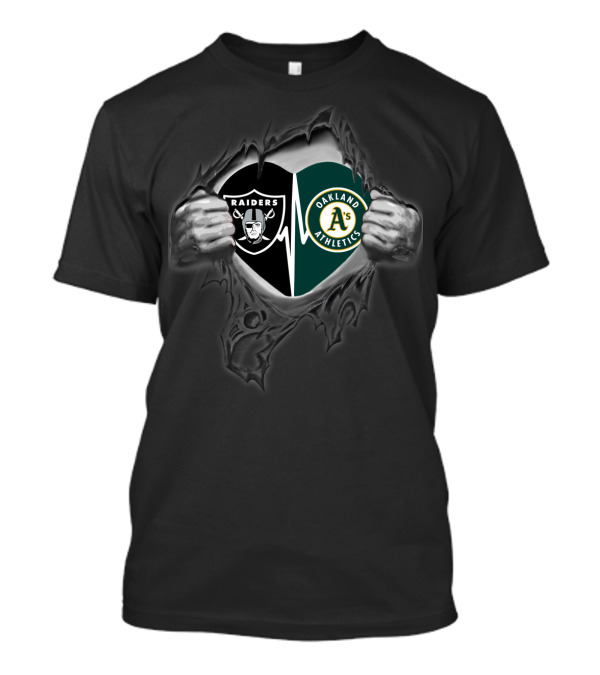 Raiders Oakland Athletics Dual Logo Inside Heart Torn T-Shirt