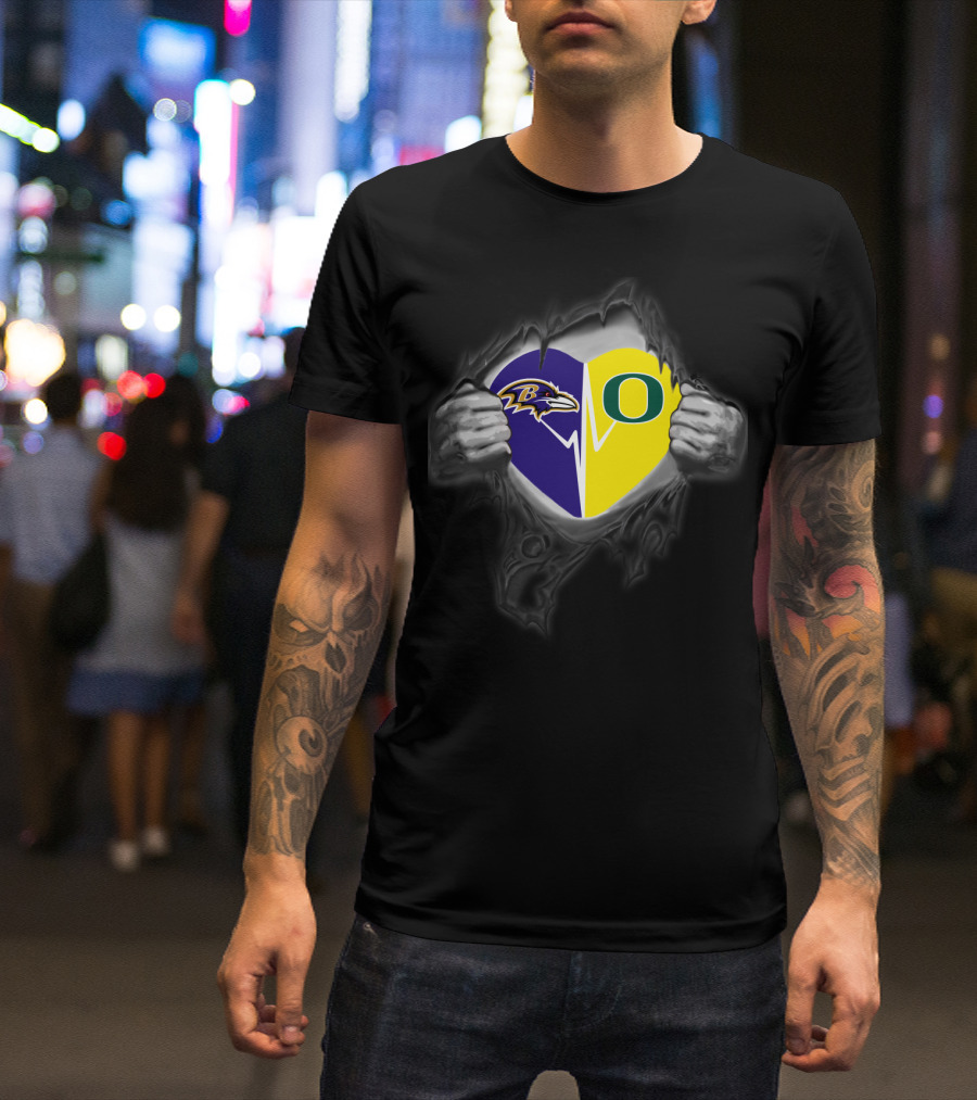 Baltimore Ravens Heart Oregon Ducks Football Loyalty Fusion T-Shirt